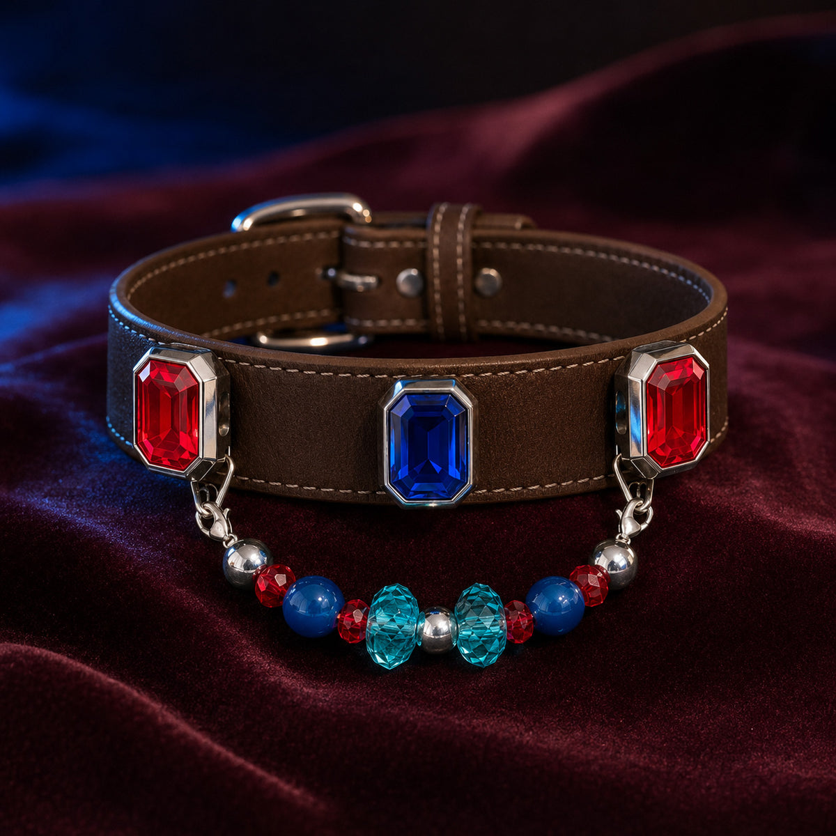 Velvet Voltage Blue Sapphire, Agate & Ruby Interchangeable Crystal Pet Jewelry Collar for size-compatible cats and dogs.