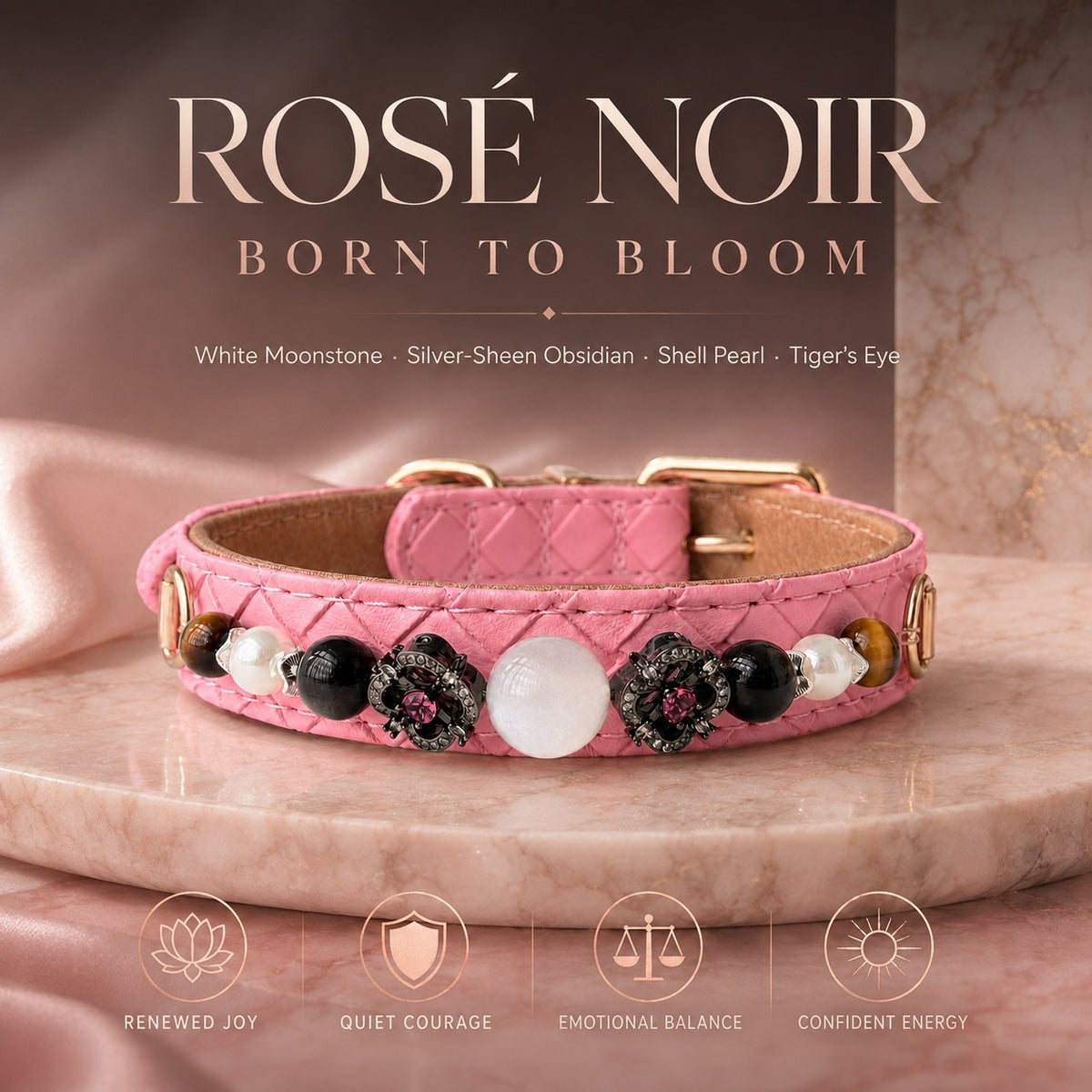 Rose Riot Moonstone, Obsidian & Tiger’s Eye Pet Jewelry Collar — KINRIOT crystal pet jewelry for size-compatible cats and dogs, gallery view 3.