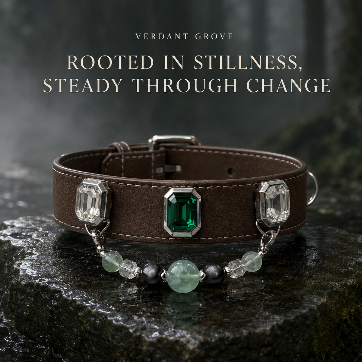 Verdant Grove Green Fluorite & Obsidian Interchangeable Crystal Pet Jewelry Collar — KINRIOT crystal pet jewelry for size-compatible cats and dogs, gallery view 3.