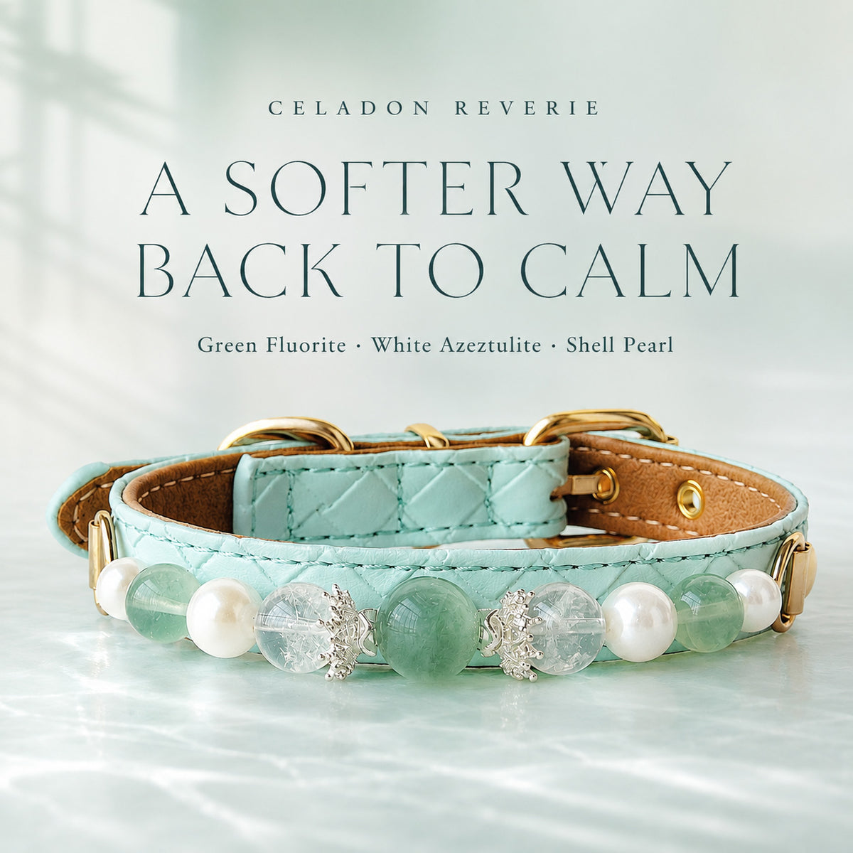 Celadon Reverie Green Fluorite & Pearl Pet Jewelry Collar — KINRIOT crystal pet jewelry for size-compatible cats and dogs, gallery view 3.