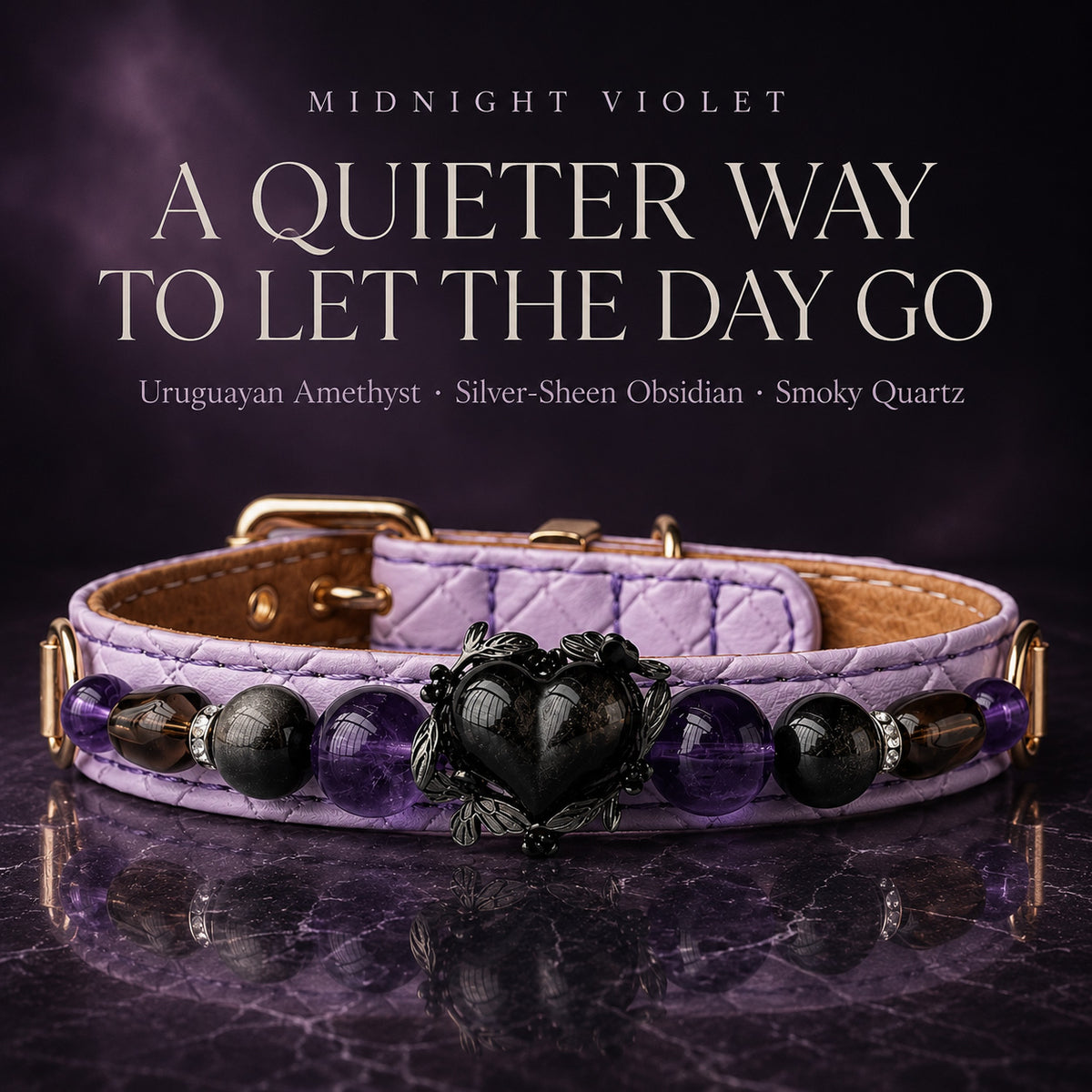Midnight Violet Amethyst, Obsidian & Smoky Quartz Pet Jewelry Collar — KINRIOT crystal pet jewelry for size-compatible cats and dogs, gallery view 3.