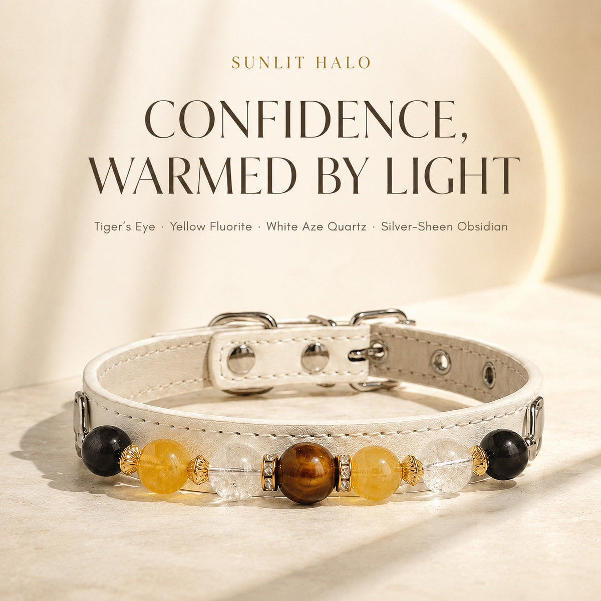 Sunlit Halo Tiger’s Eye & Yellow Fluorite Pet Jewelry Collar — KINRIOT crystal pet jewelry for size-compatible cats and dogs, gallery view 3.