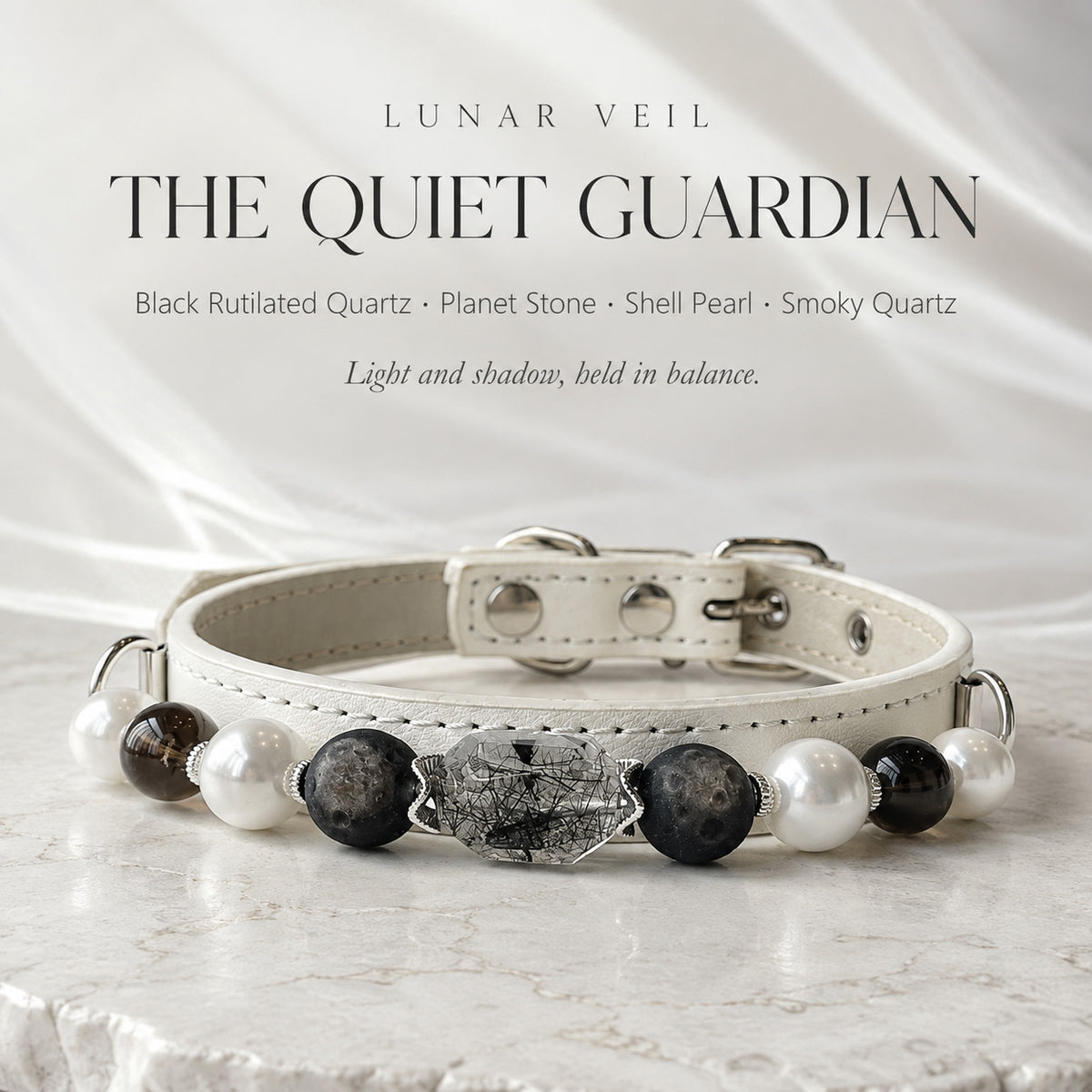 Lunar Veil Black Rutilated Quartz & Pearl Pet Jewelry Collar — KINRIOT crystal pet jewelry for size-compatible cats and dogs, gallery view 3.