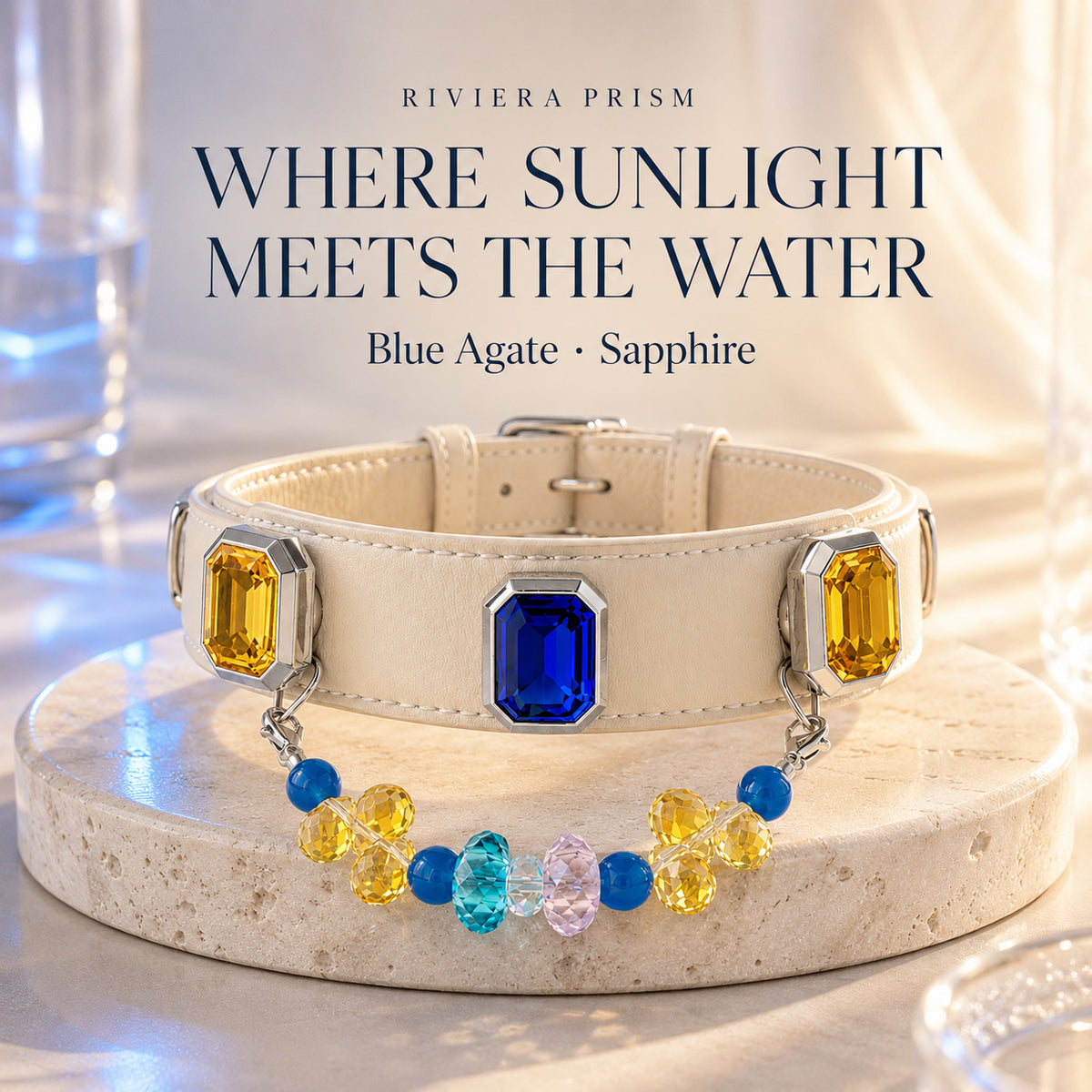 Riviera Prism Blue Agate & Sapphire Interchangeable Crystal Pet Jewelry Collar — KINRIOT crystal pet jewelry for size-compatible cats and dogs, gallery view 3.