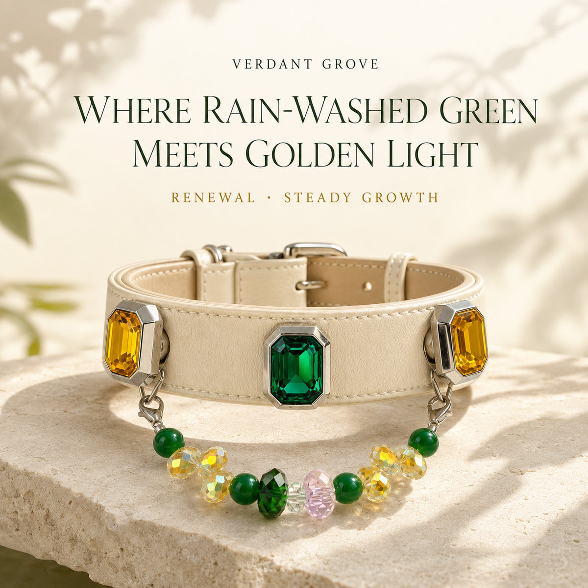 Emerald Solstice Green Agate & Sapphire Interchangeable Crystal Pet Jewelry Collar — KINRIOT crystal pet jewelry for size-compatible cats and dogs, gallery view 3.