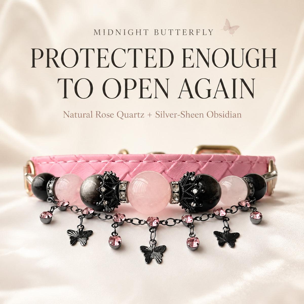 Midnight Butterfly Rose Quartz & Silver-Sheen Obsidian Pet Jewelry Collar — KINRIOT crystal pet jewelry for size-compatible cats and dogs, gallery view 3.
