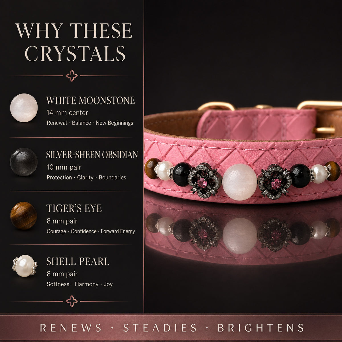 Rose Riot Moonstone, Obsidian & Tiger’s Eye Pet Jewelry Collar — KINRIOT crystal pet jewelry for size-compatible cats and dogs, gallery view 5.