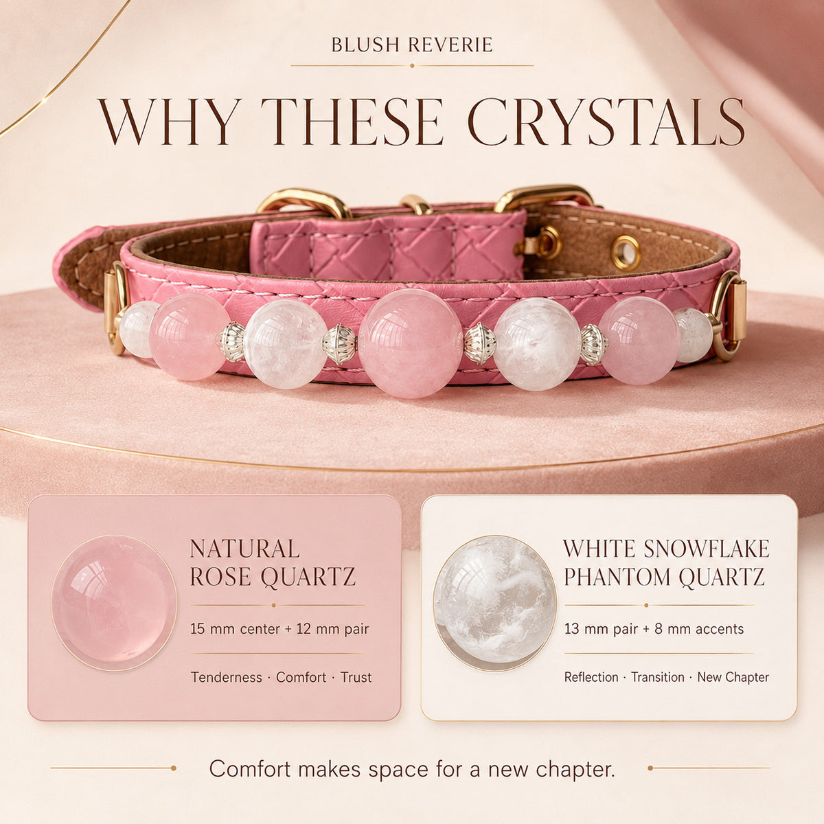 Blush Reverie Rose Quartz & Phantom Quartz Pet Jewelry Collar — KINRIOT crystal pet jewelry for size-compatible cats and dogs, gallery view 5.