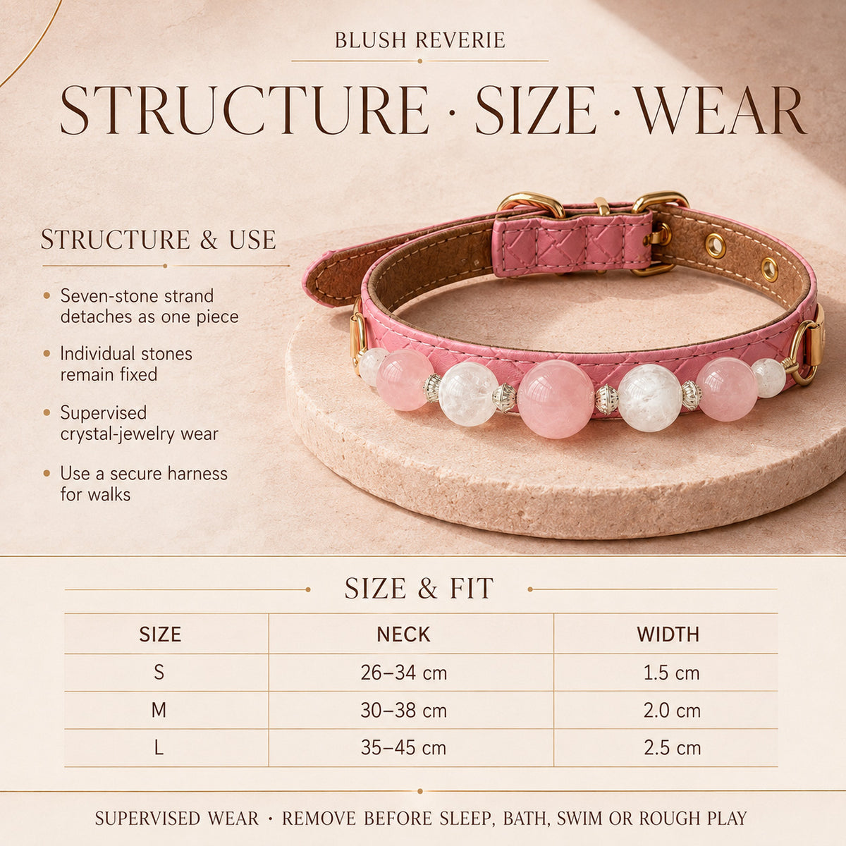 Blush Reverie Rose Quartz & Phantom Quartz Pet Jewelry Collar — KINRIOT crystal pet jewelry for size-compatible cats and dogs, gallery view 8.