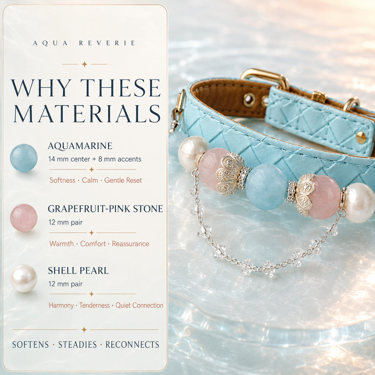 Aqua Reverie Aquamarine & Pearl Pet Jewelry Collar — KINRIOT crystal pet jewelry for size-compatible cats and dogs, gallery view 5.