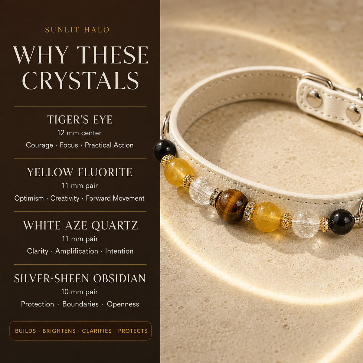 Sunlit Halo Tiger’s Eye & Yellow Fluorite Pet Jewelry Collar — KINRIOT crystal pet jewelry for size-compatible cats and dogs, gallery view 5.