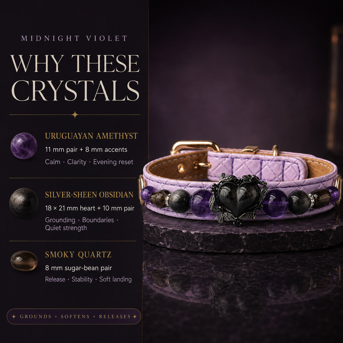 Midnight Violet Amethyst, Obsidian & Smoky Quartz Pet Jewelry Collar — KINRIOT crystal pet jewelry for size-compatible cats and dogs, gallery view 5.