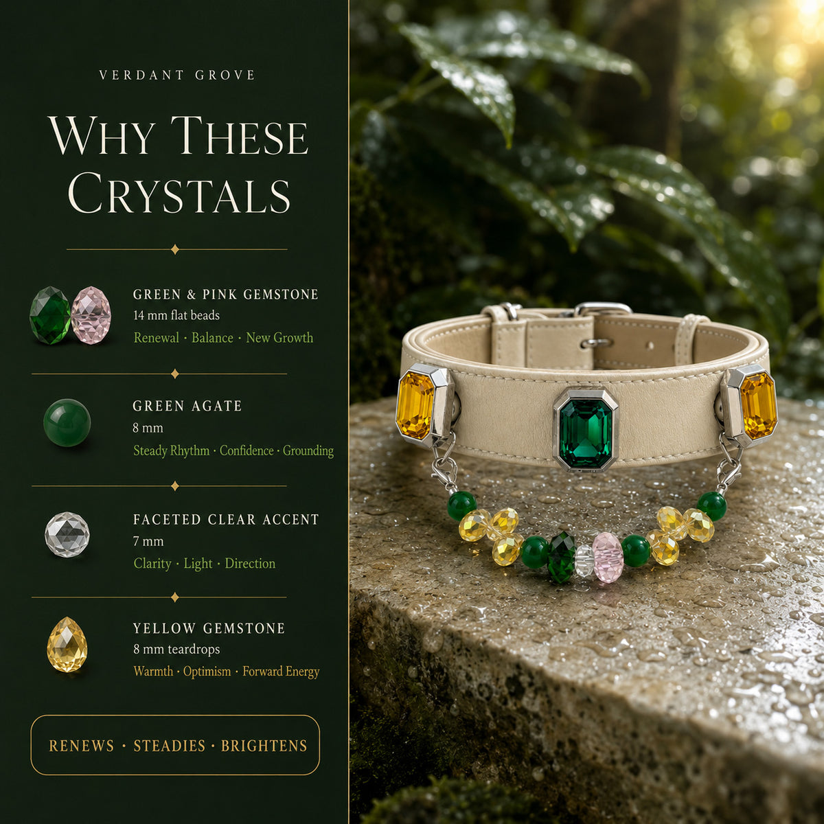 Emerald Solstice Green Agate & Sapphire Interchangeable Crystal Pet Jewelry Collar — KINRIOT crystal pet jewelry for size-compatible cats and dogs, gallery view 5.