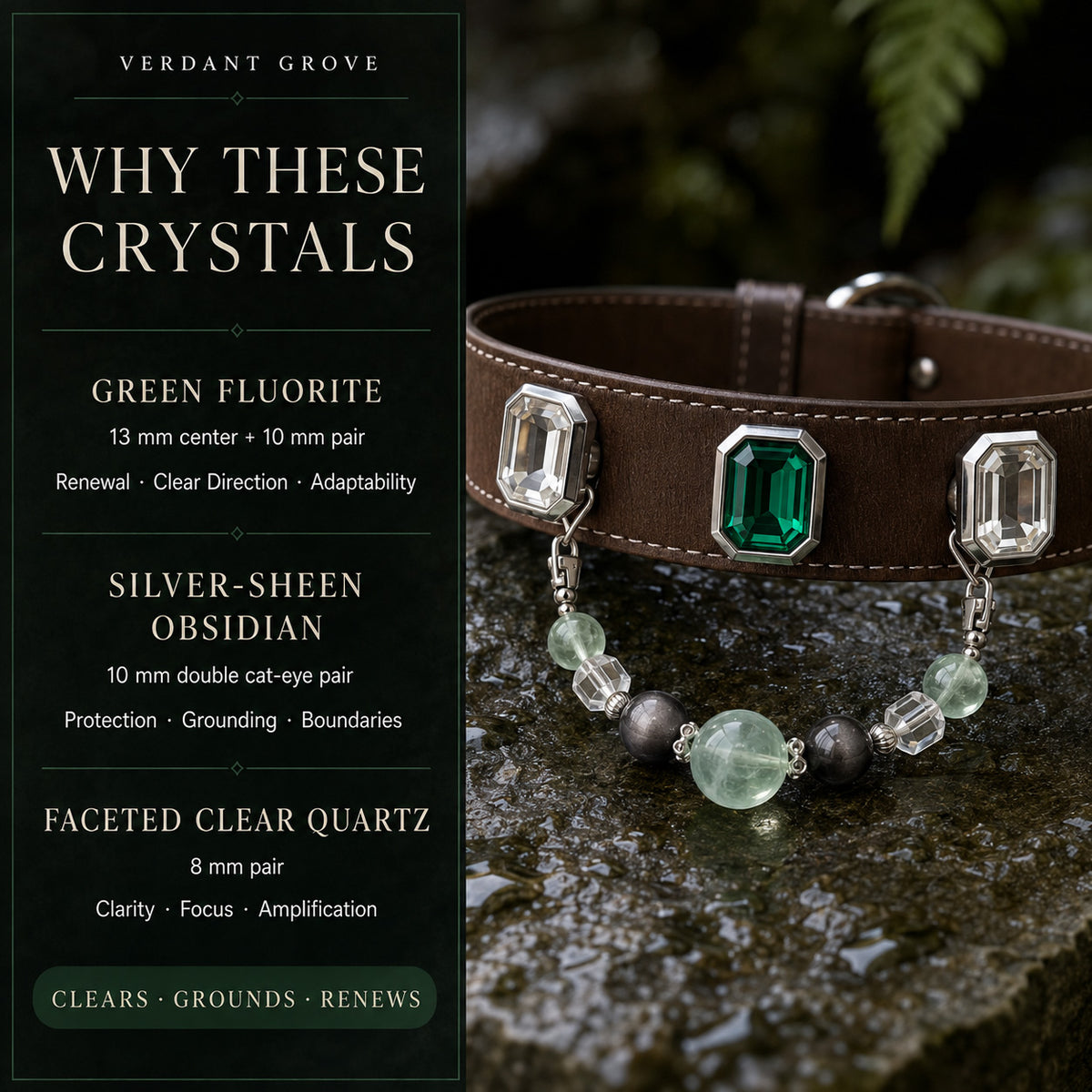 Verdant Grove Green Fluorite & Obsidian Interchangeable Crystal Pet Jewelry Collar — KINRIOT crystal pet jewelry for size-compatible cats and dogs, gallery view 5.