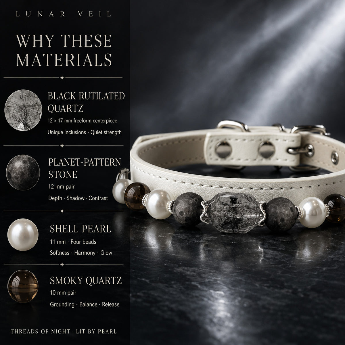 Lunar Veil Black Rutilated Quartz & Pearl Pet Jewelry Collar — KINRIOT crystal pet jewelry for size-compatible cats and dogs, gallery view 5.