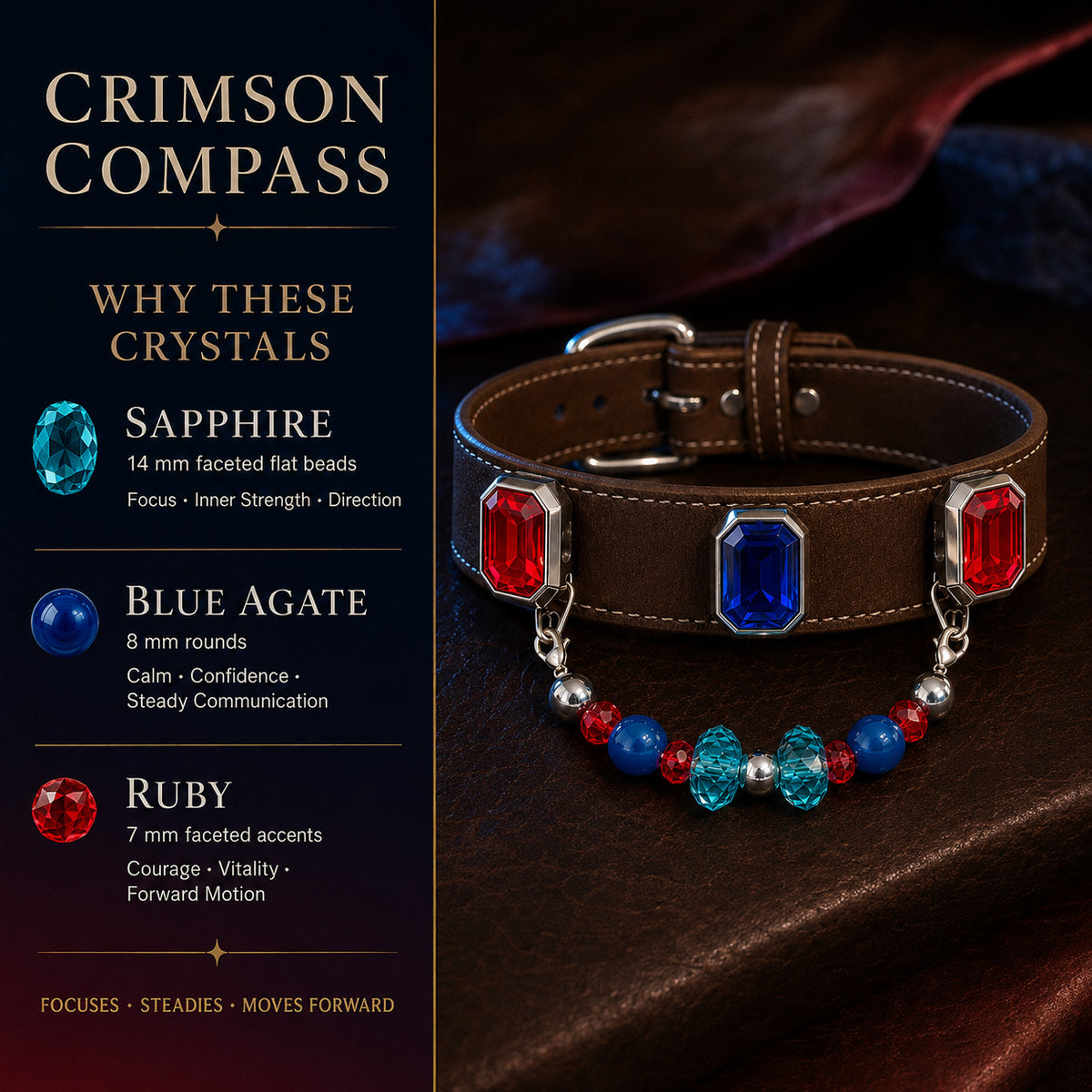 Velvet Voltage Blue Sapphire, Agate & Ruby Interchangeable Crystal Pet Jewelry Collar — KINRIOT crystal pet jewelry for size-compatible cats and dogs, gallery view 5.