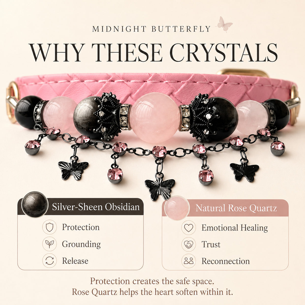 Midnight Butterfly Rose Quartz & Silver-Sheen Obsidian Pet Jewelry Collar — KINRIOT crystal pet jewelry for size-compatible cats and dogs, gallery view 5.