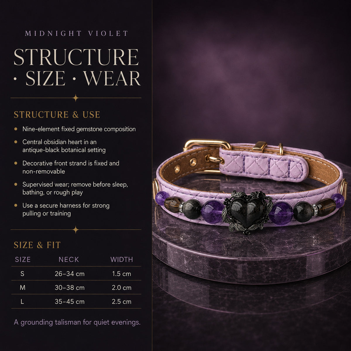 Midnight Violet Amethyst, Obsidian & Smoky Quartz Pet Jewelry Collar — KINRIOT crystal pet jewelry for size-compatible cats and dogs, gallery view 8.
