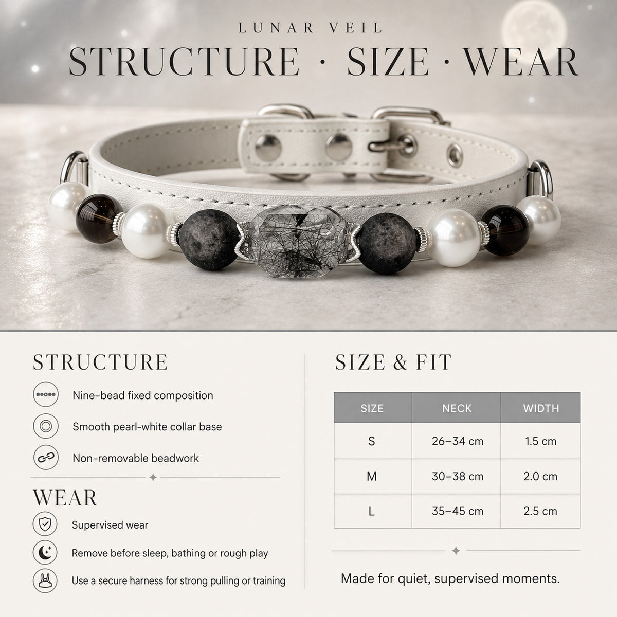 Lunar Veil Black Rutilated Quartz & Pearl Pet Jewelry Collar — KINRIOT crystal pet jewelry for size-compatible cats and dogs, gallery view 8.