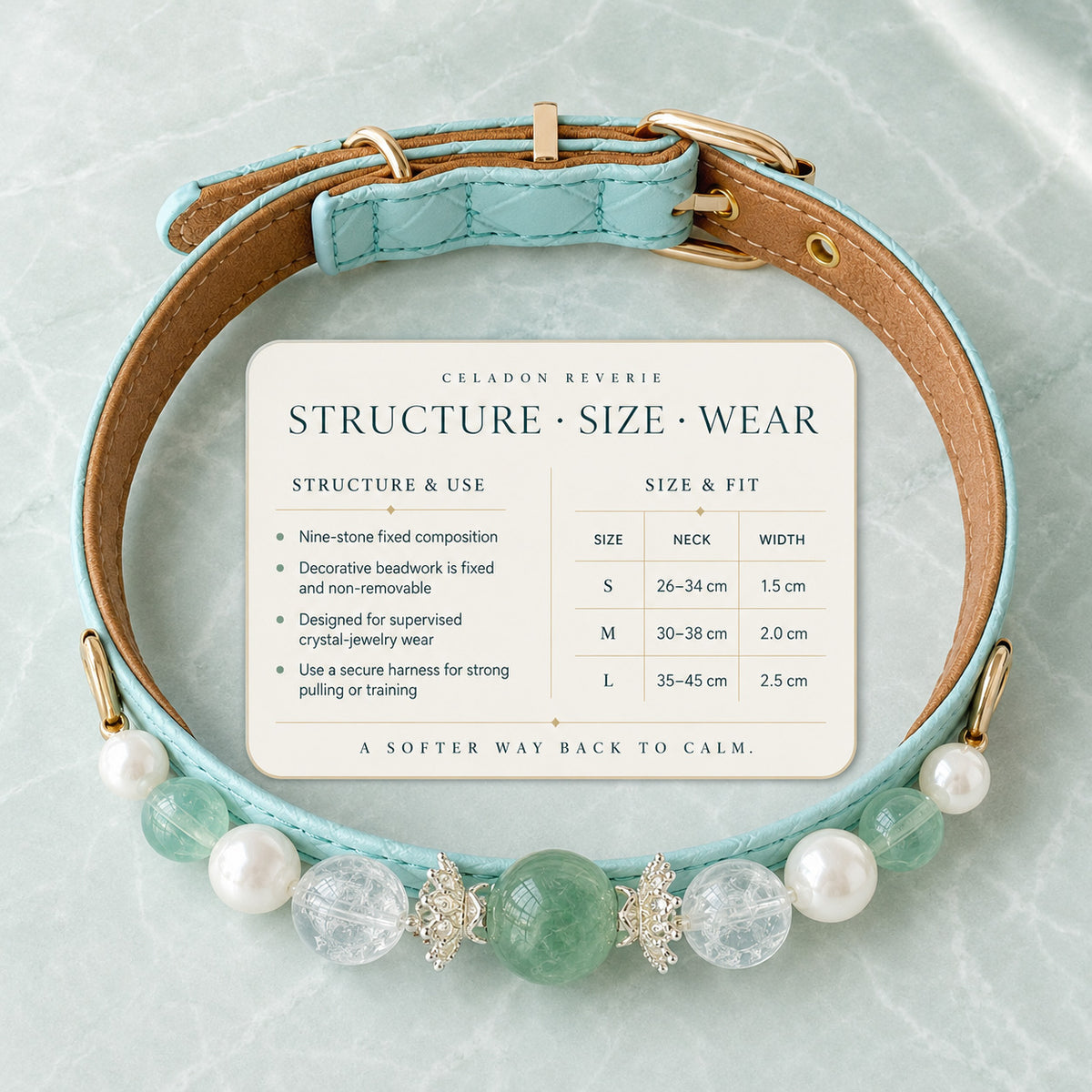 Celadon Reverie Green Fluorite & Pearl Pet Jewelry Collar — KINRIOT crystal pet jewelry for size-compatible cats and dogs, gallery view 8.