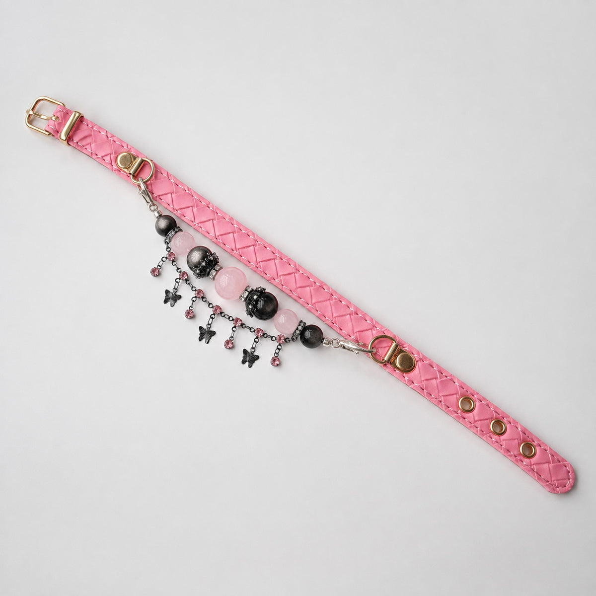 Midnight Butterfly Rose Quartz & Silver-Sheen Obsidian Pet Jewelry Collar — KINRIOT crystal pet jewelry for size-compatible cats and dogs, gallery view 6.