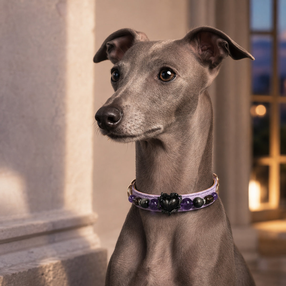 Midnight Violet Amethyst, Obsidian & Smoky Quartz Pet Jewelry Collar — KINRIOT crystal pet jewelry for size-compatible cats and dogs, gallery view 2.