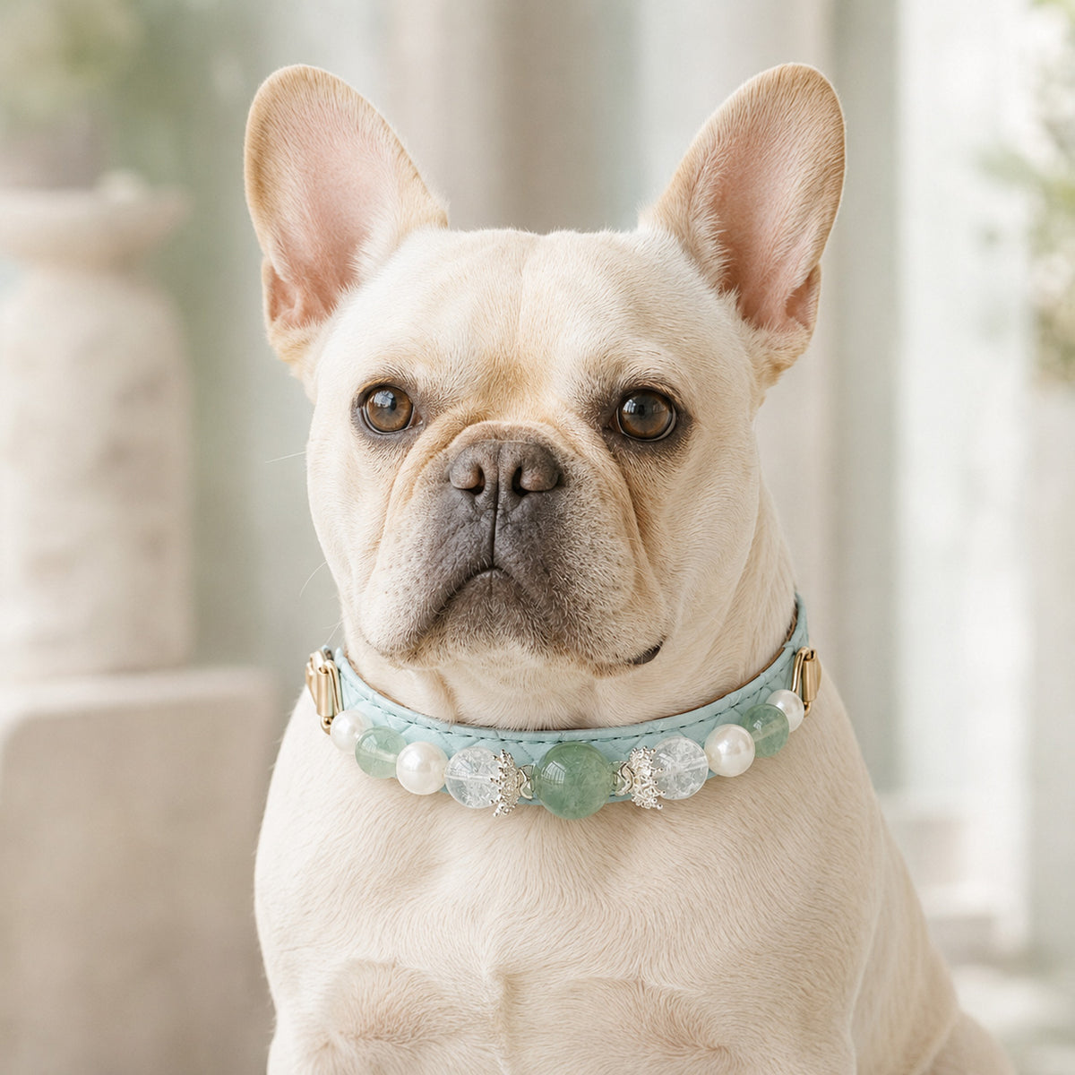 Celadon Reverie Green Fluorite & Pearl Pet Jewelry Collar — KINRIOT crystal pet jewelry for size-compatible cats and dogs, gallery view 2.