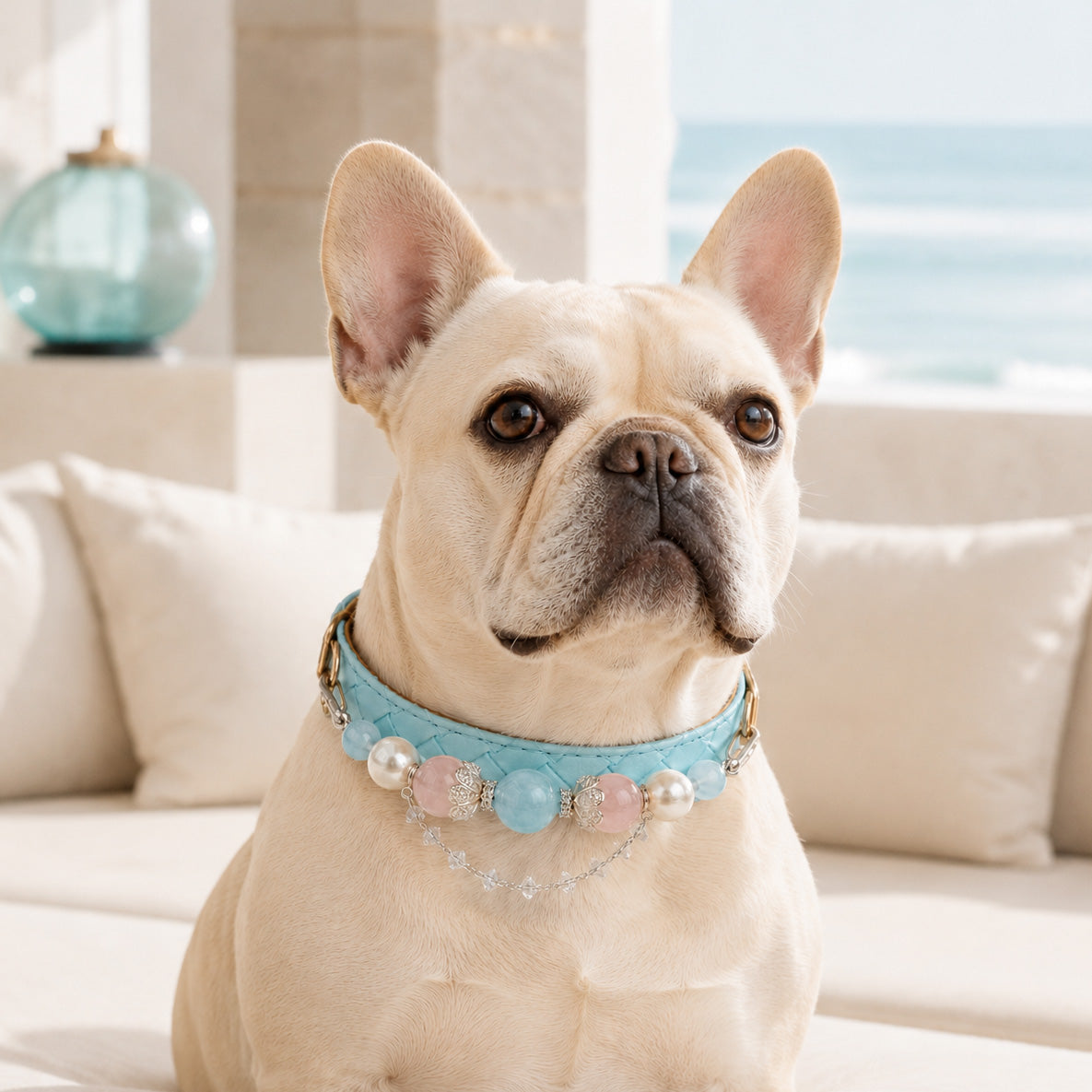 Aqua Reverie Aquamarine & Pearl Pet Jewelry Collar — KINRIOT crystal pet jewelry for size-compatible cats and dogs, gallery view 2.