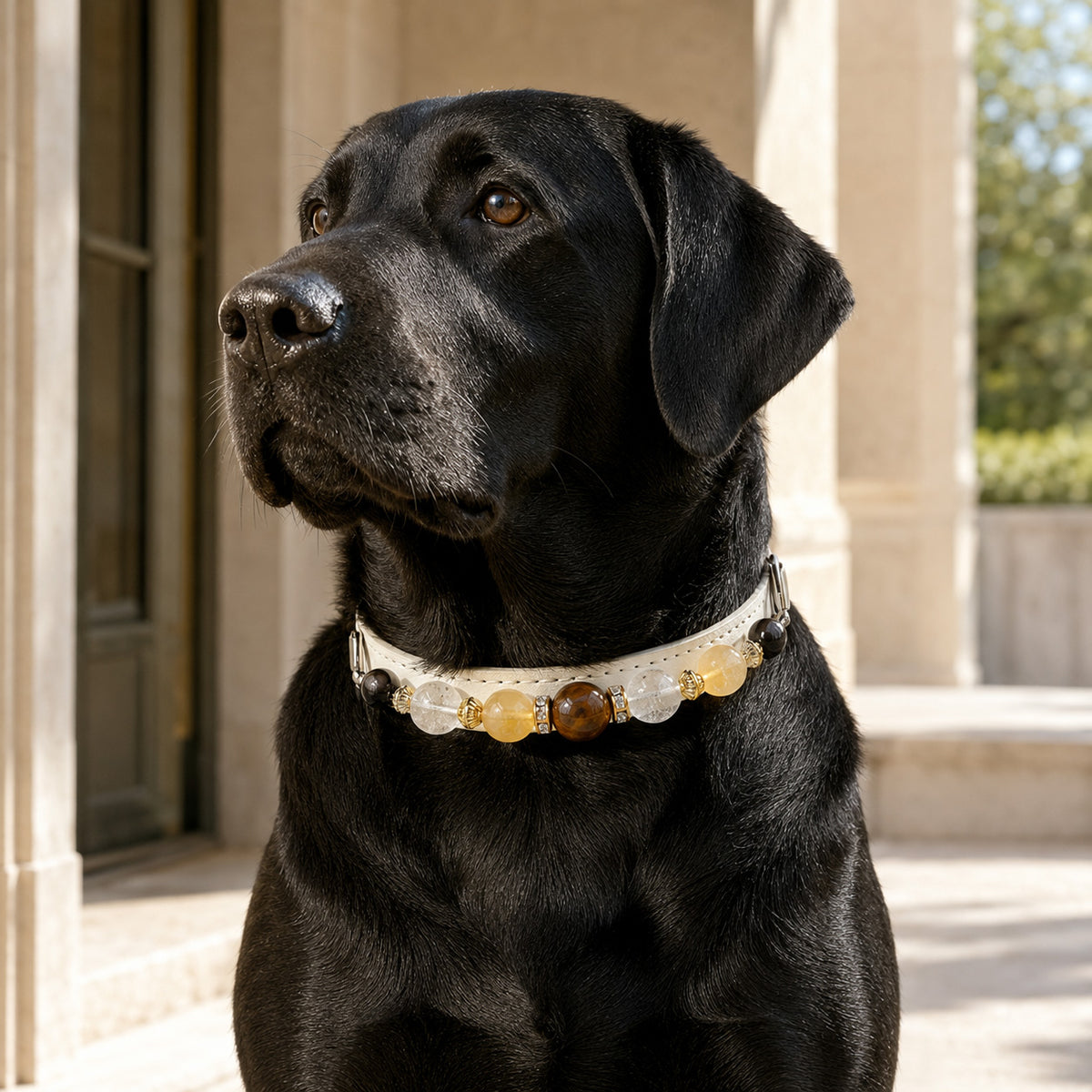 Sunlit Halo Tiger’s Eye & Yellow Fluorite Pet Jewelry Collar — KINRIOT crystal pet jewelry for size-compatible cats and dogs, gallery view 2.