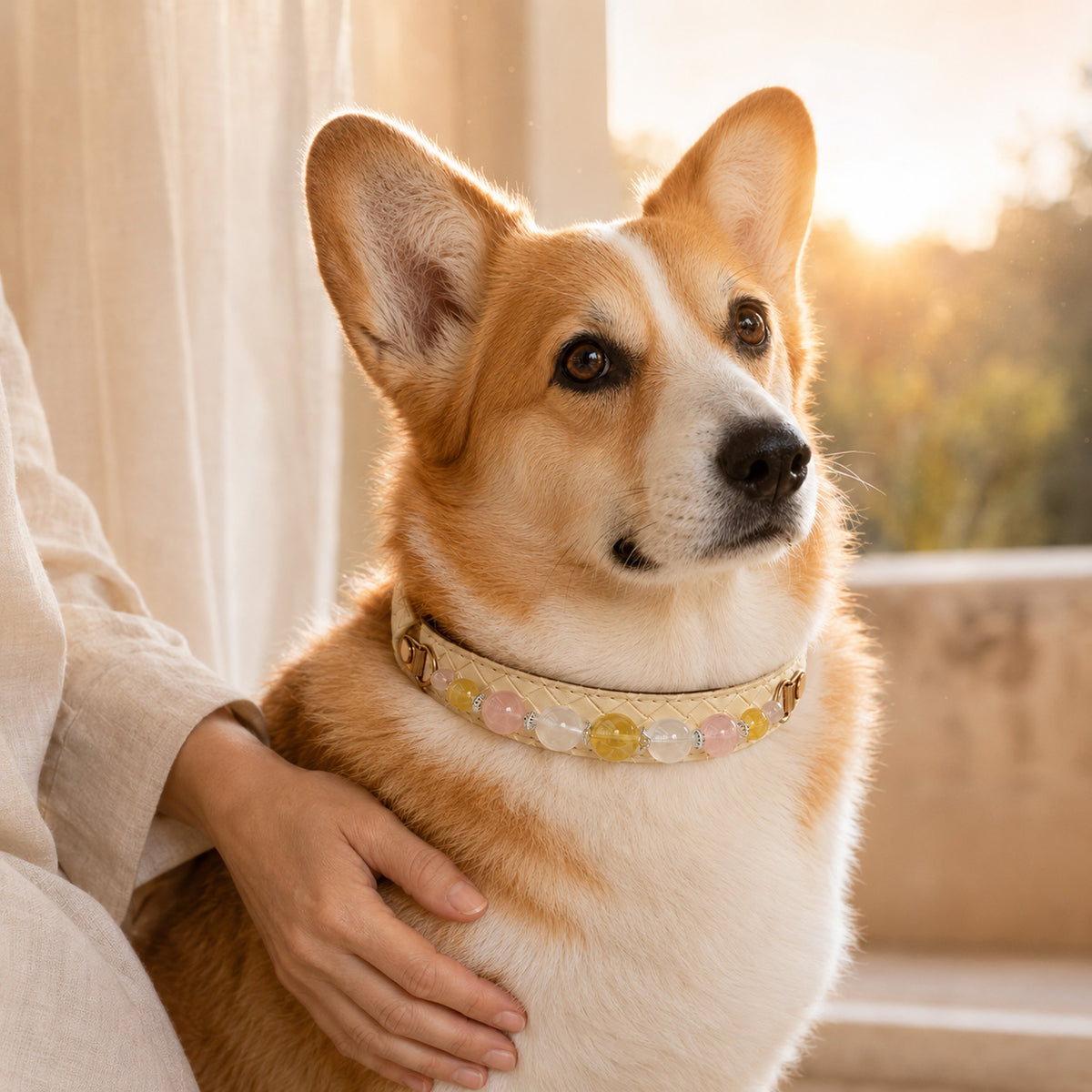 Aurelia Blush Yellow Fluorite & Rose Quartz Pet Jewelry Collar — KINRIOT crystal pet jewelry for size-compatible cats and dogs, gallery view 9.