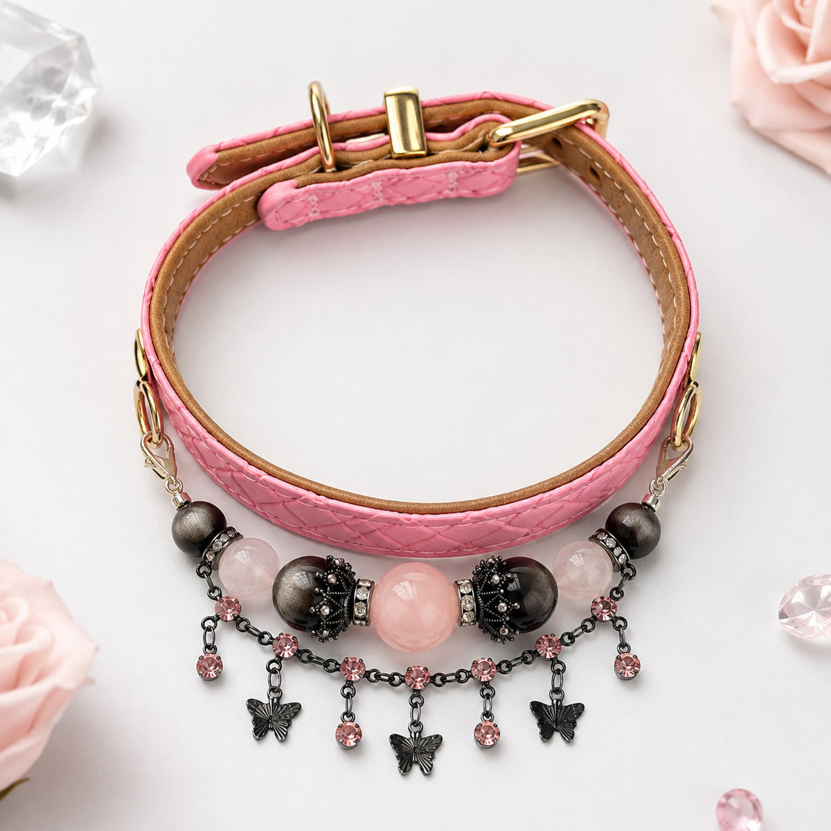 Midnight Butterfly Rose Quartz & Silver-Sheen Obsidian Pet Jewelry Collar — KINRIOT crystal pet jewelry for size-compatible cats and dogs, gallery view 7.