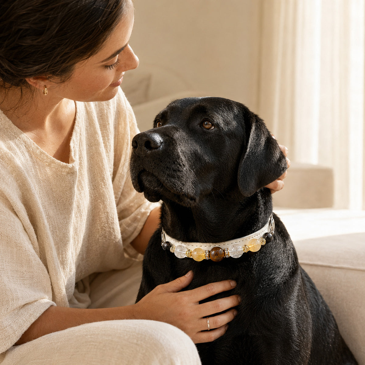 Sunlit Halo Tiger’s Eye & Yellow Fluorite Pet Jewelry Collar — KINRIOT crystal pet jewelry for size-compatible cats and dogs, gallery view 9.