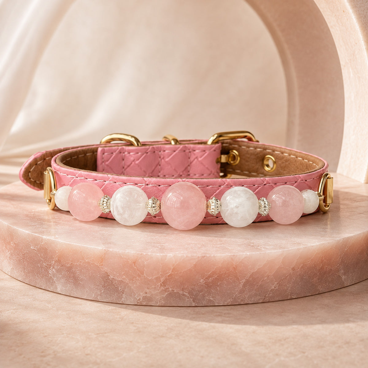 Blush Reverie Rose Quartz & Phantom Quartz Pet Jewelry Collar for size-compatible cats and dogs.