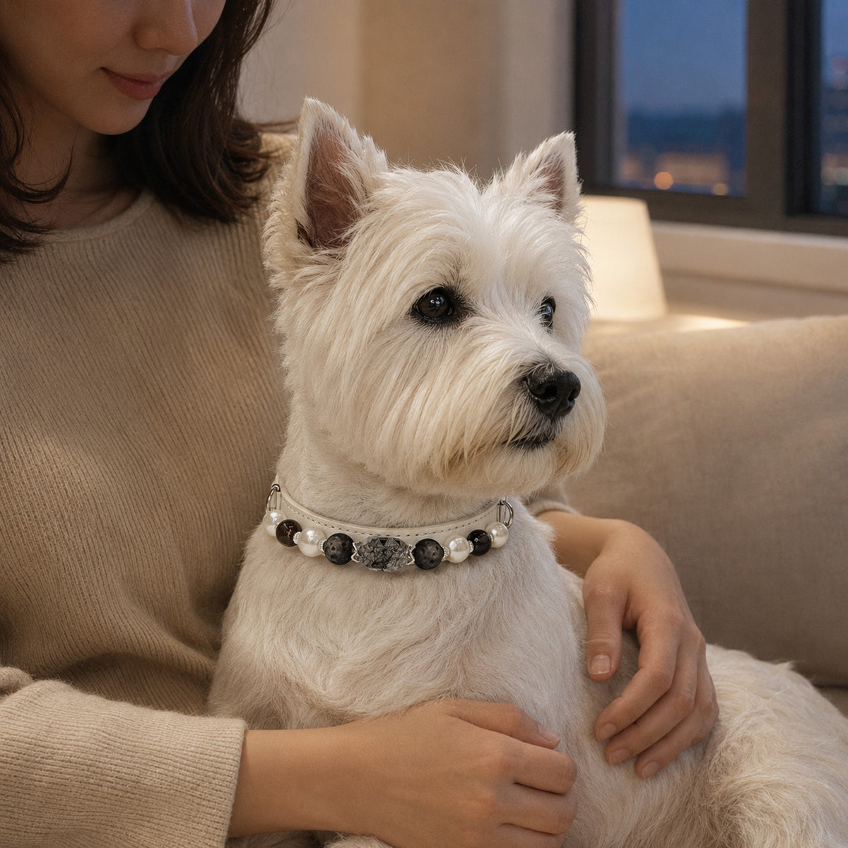 Lunar Veil Black Rutilated Quartz & Pearl Pet Jewelry Collar — KINRIOT crystal pet jewelry for size-compatible cats and dogs, gallery view 9.