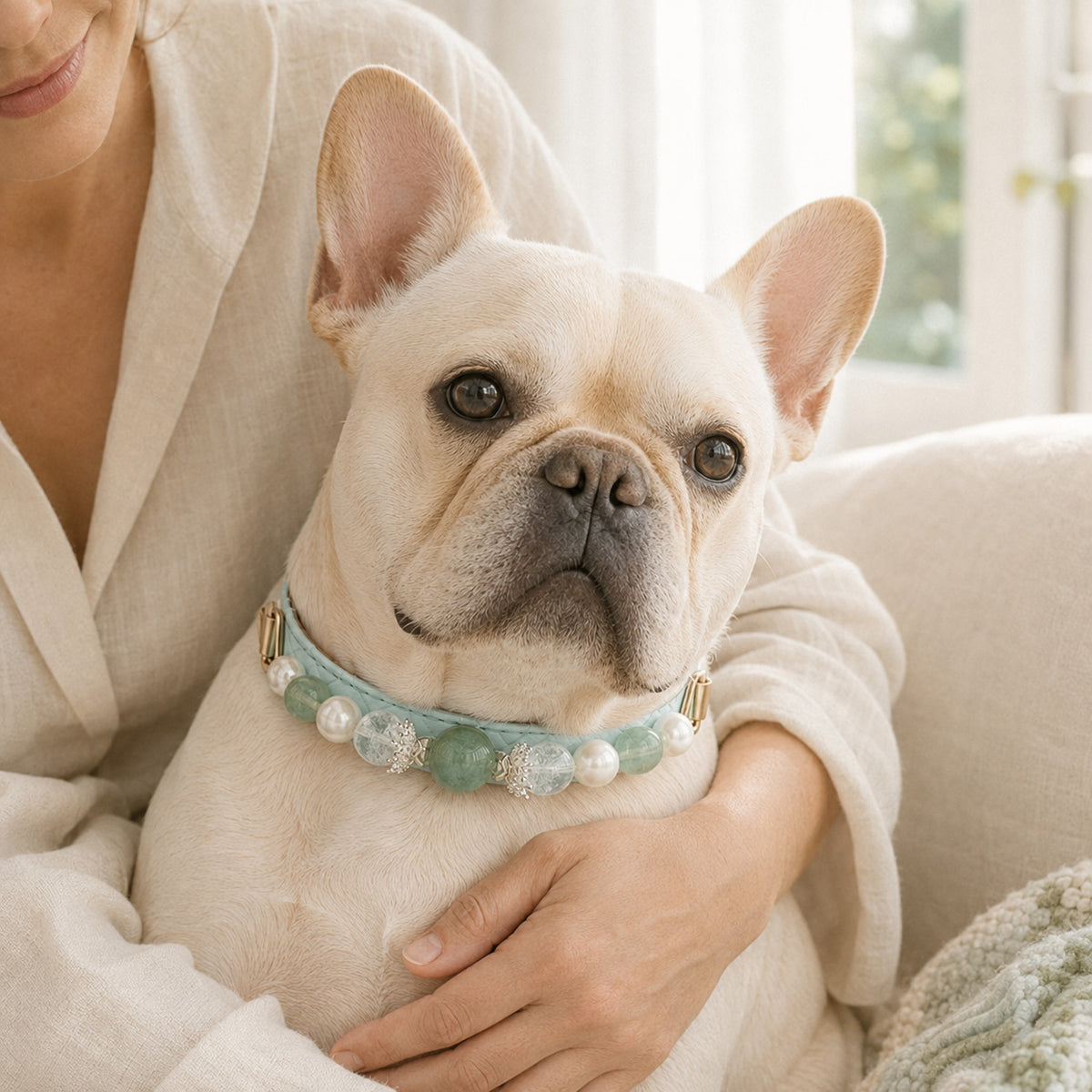Celadon Reverie Green Fluorite & Pearl Pet Jewelry Collar — KINRIOT crystal pet jewelry for size-compatible cats and dogs, gallery view 9.