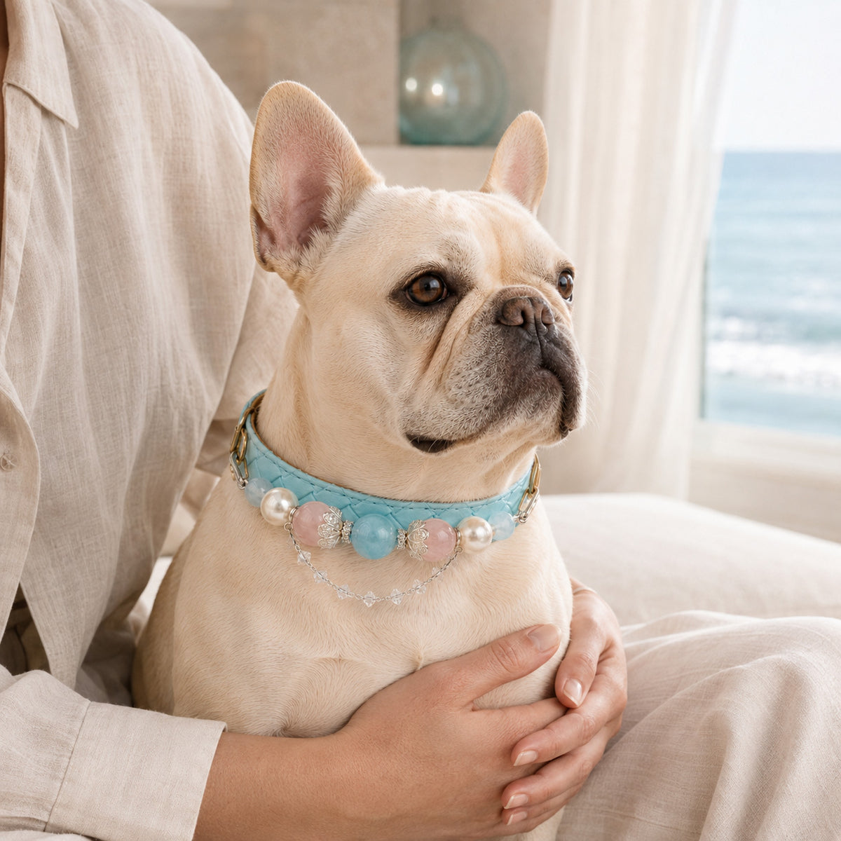 Aqua Reverie Aquamarine & Pearl Pet Jewelry Collar — KINRIOT crystal pet jewelry for size-compatible cats and dogs, gallery view 9.