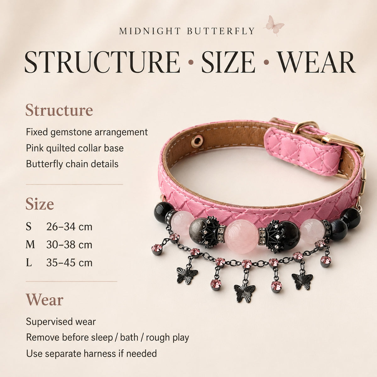 Midnight Butterfly Rose Quartz & Silver-Sheen Obsidian Pet Jewelry Collar — KINRIOT crystal pet jewelry for size-compatible cats and dogs, gallery view 8.