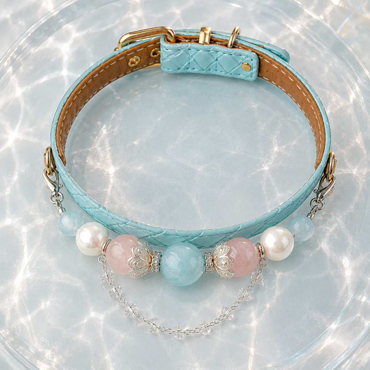 Aqua Reverie Aquamarine & Pearl Pet Jewelry Collar — KINRIOT crystal pet jewelry for size-compatible cats and dogs, gallery view 7.