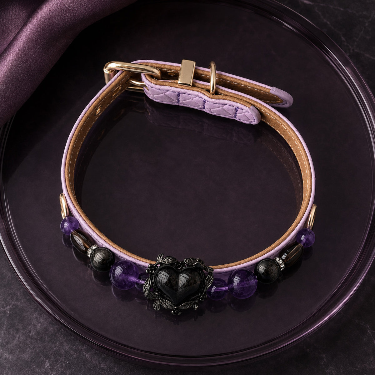 Midnight Violet Amethyst, Obsidian & Smoky Quartz Pet Jewelry Collar — KINRIOT crystal pet jewelry for size-compatible cats and dogs, gallery view 7.