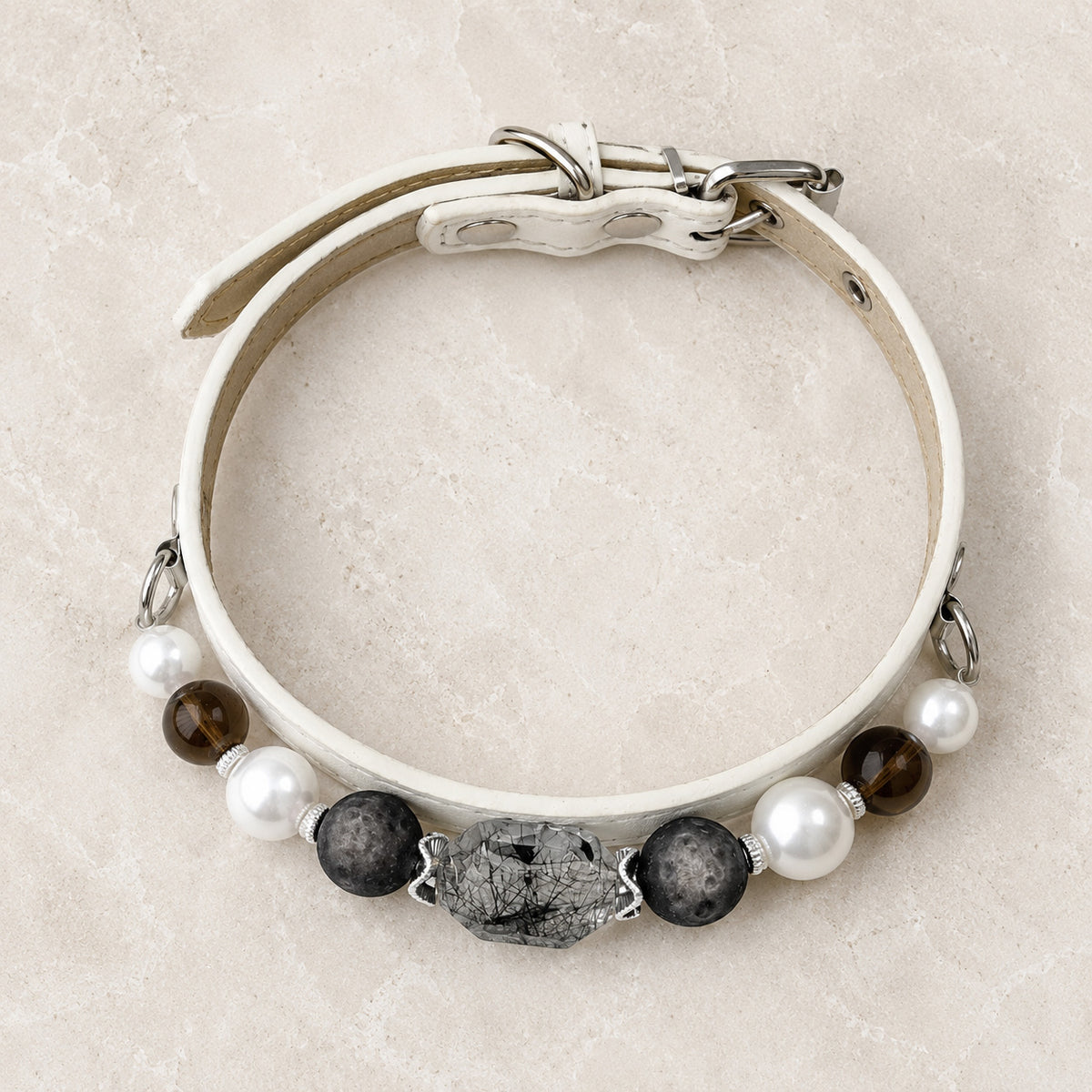 Lunar Veil Black Rutilated Quartz & Pearl Pet Jewelry Collar — KINRIOT crystal pet jewelry for size-compatible cats and dogs, gallery view 7.