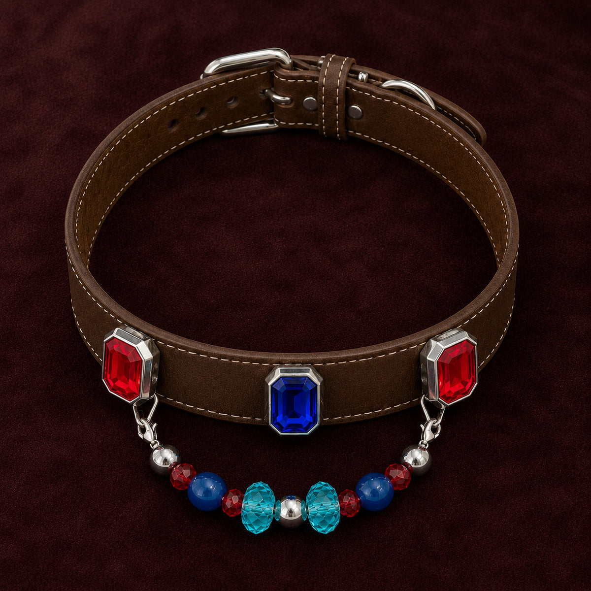 Velvet Voltage Blue Sapphire, Agate & Ruby Interchangeable Crystal Pet Jewelry Collar — KINRIOT crystal pet jewelry for size-compatible cats and dogs, gallery view 6.