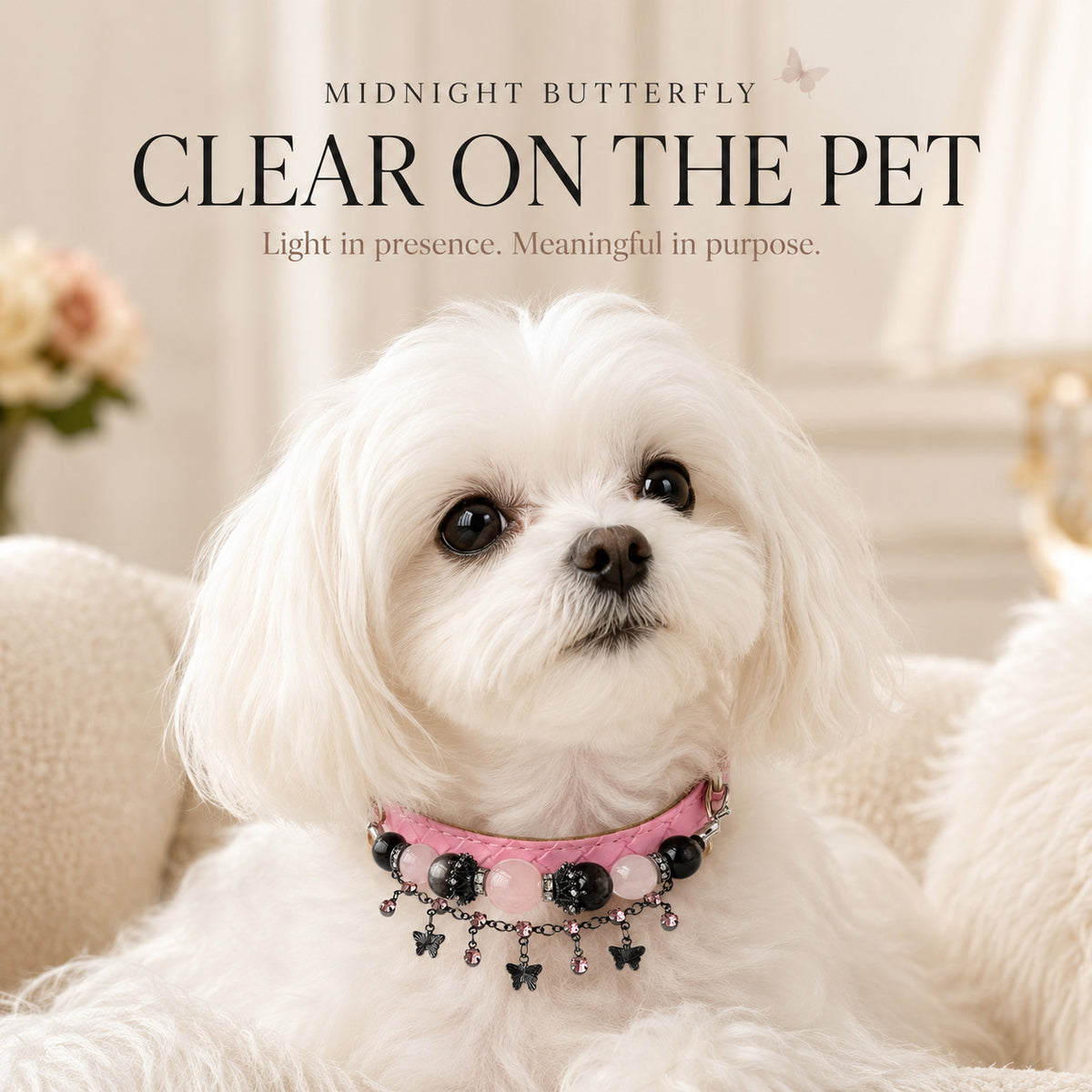 Midnight Butterfly Rose Quartz & Silver-Sheen Obsidian Pet Jewelry Collar — KINRIOT crystal pet jewelry for size-compatible cats and dogs, gallery view 9.