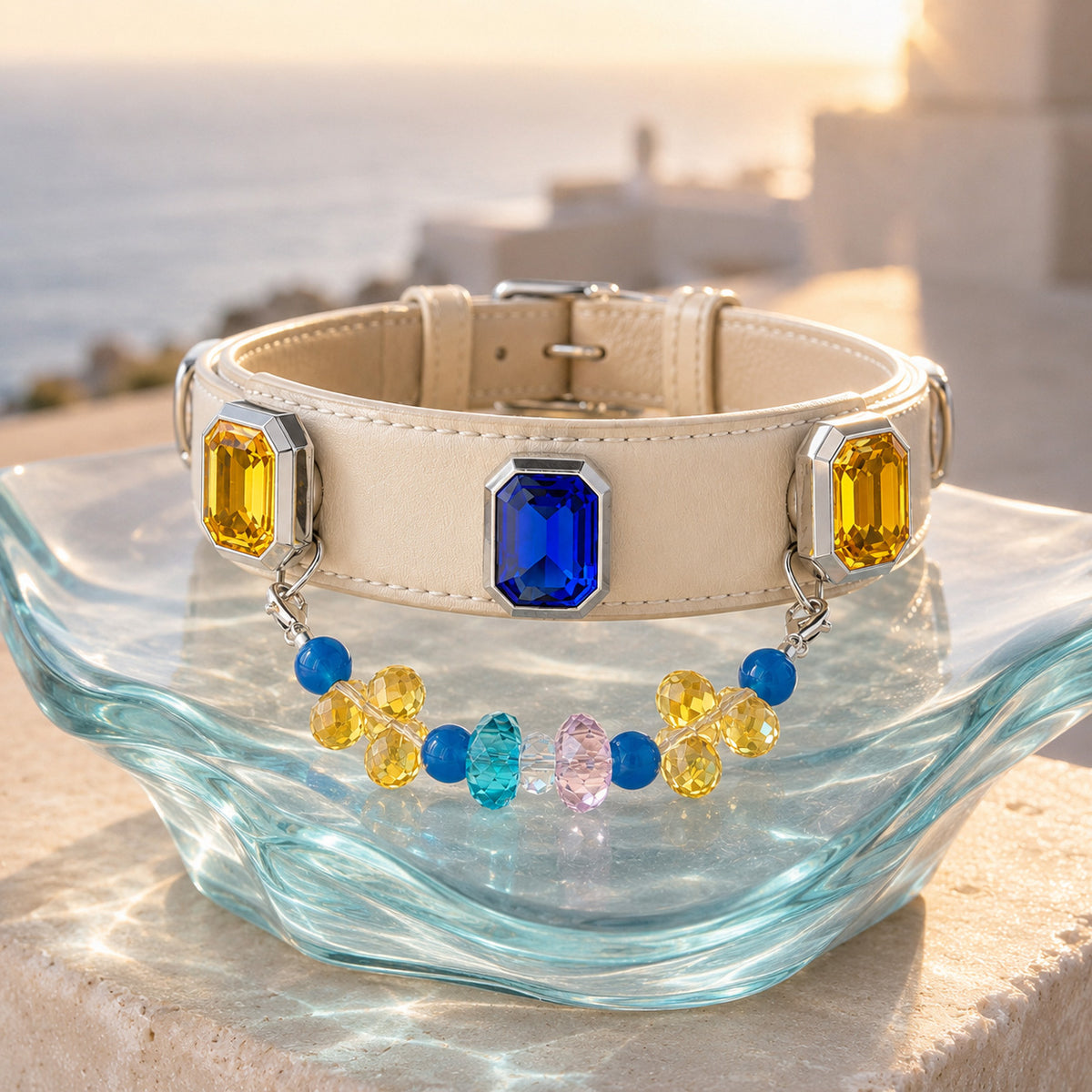 Riviera Prism Blue Agate & Sapphire Interchangeable Crystal Pet Jewelry Collar — KINRIOT crystal pet jewelry for size-compatible cats and dogs, gallery view 7.