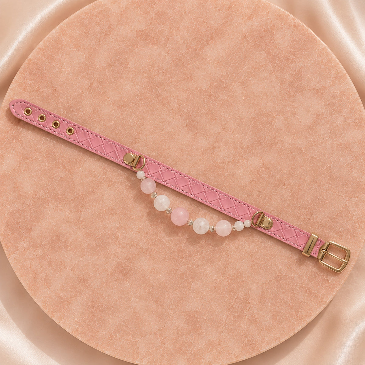 Blush Reverie Rose Quartz & Phantom Quartz Pet Jewelry Collar — KINRIOT crystal pet jewelry for size-compatible cats and dogs, gallery view 6.