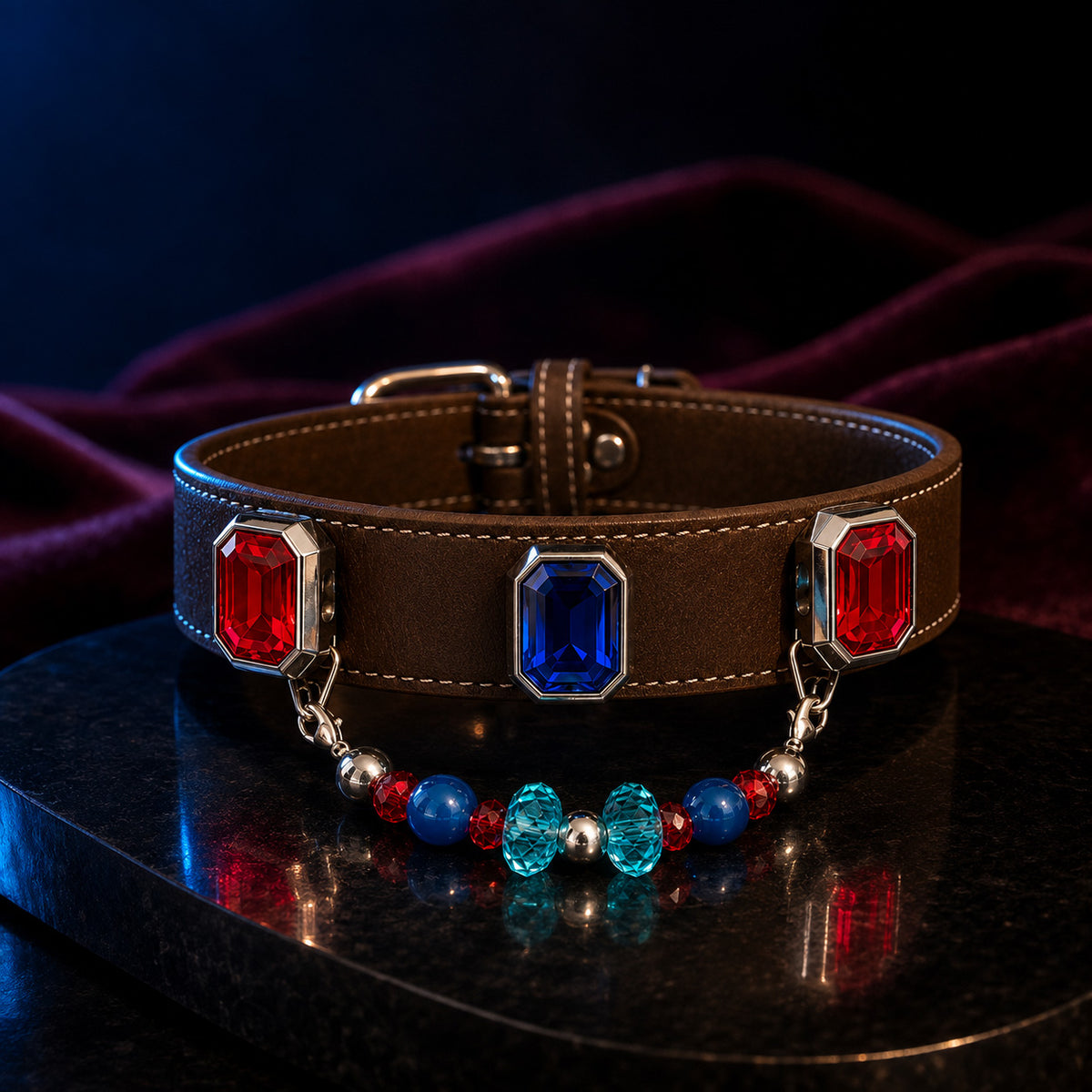 Velvet Voltage Blue Sapphire, Agate & Ruby Interchangeable Crystal Pet Jewelry Collar — KINRIOT crystal pet jewelry for size-compatible cats and dogs, gallery view 7.