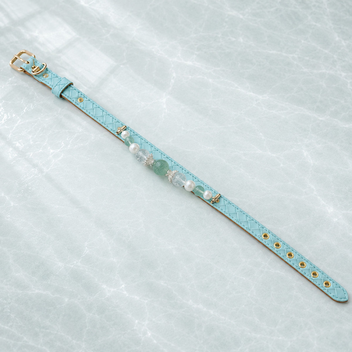 Celadon Reverie Green Fluorite & Pearl Pet Jewelry Collar — KINRIOT crystal pet jewelry for size-compatible cats and dogs, gallery view 6.