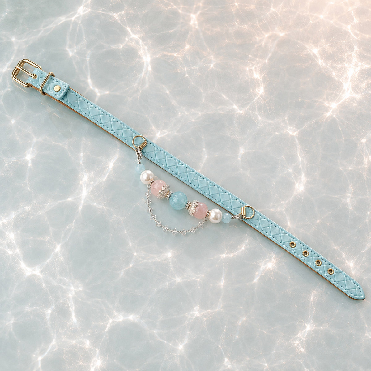 Aqua Reverie Aquamarine & Pearl Pet Jewelry Collar — KINRIOT crystal pet jewelry for size-compatible cats and dogs, gallery view 6.