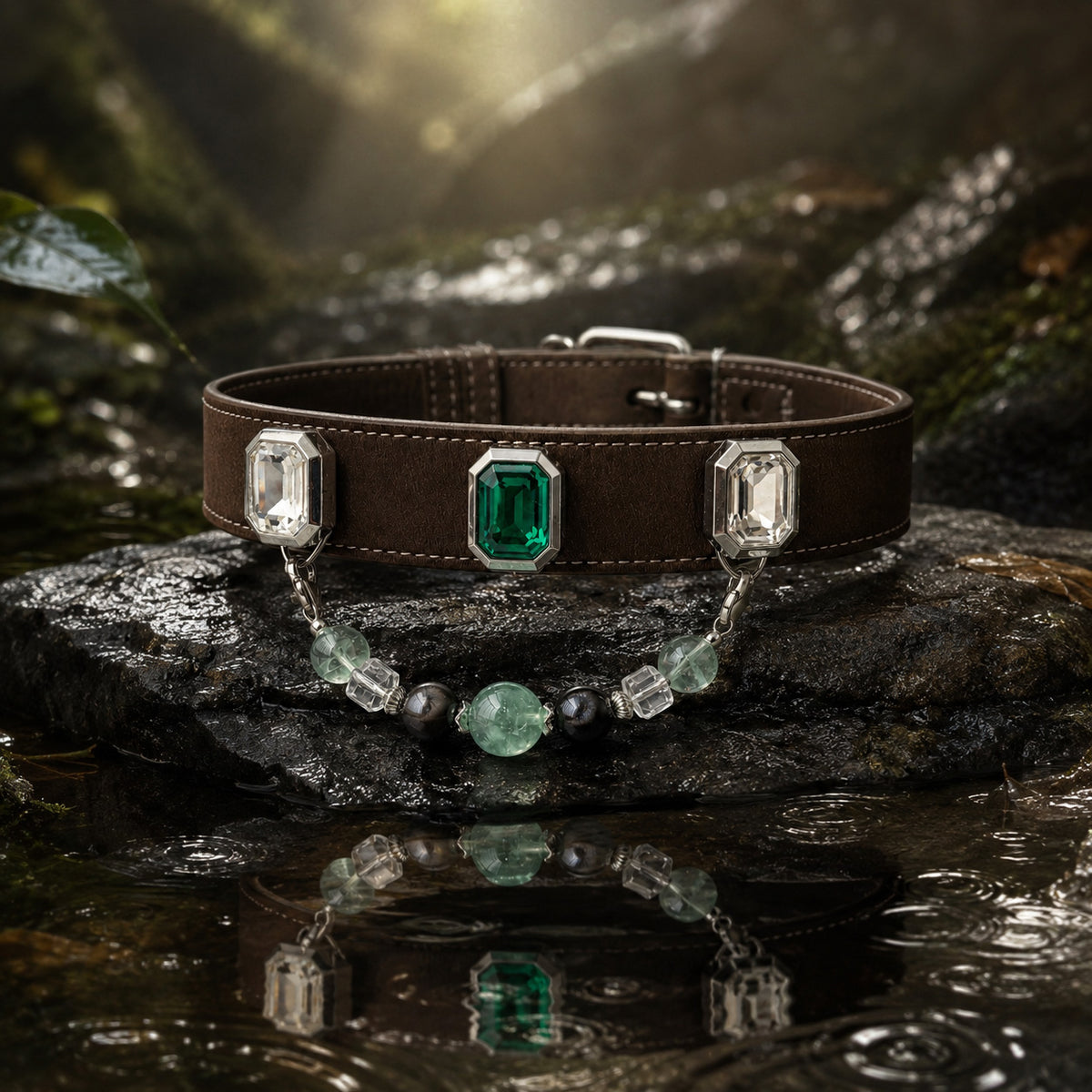 Verdant Grove Green Fluorite & Obsidian Interchangeable Crystal Pet Jewelry Collar — KINRIOT crystal pet jewelry for size-compatible cats and dogs, gallery view 7.